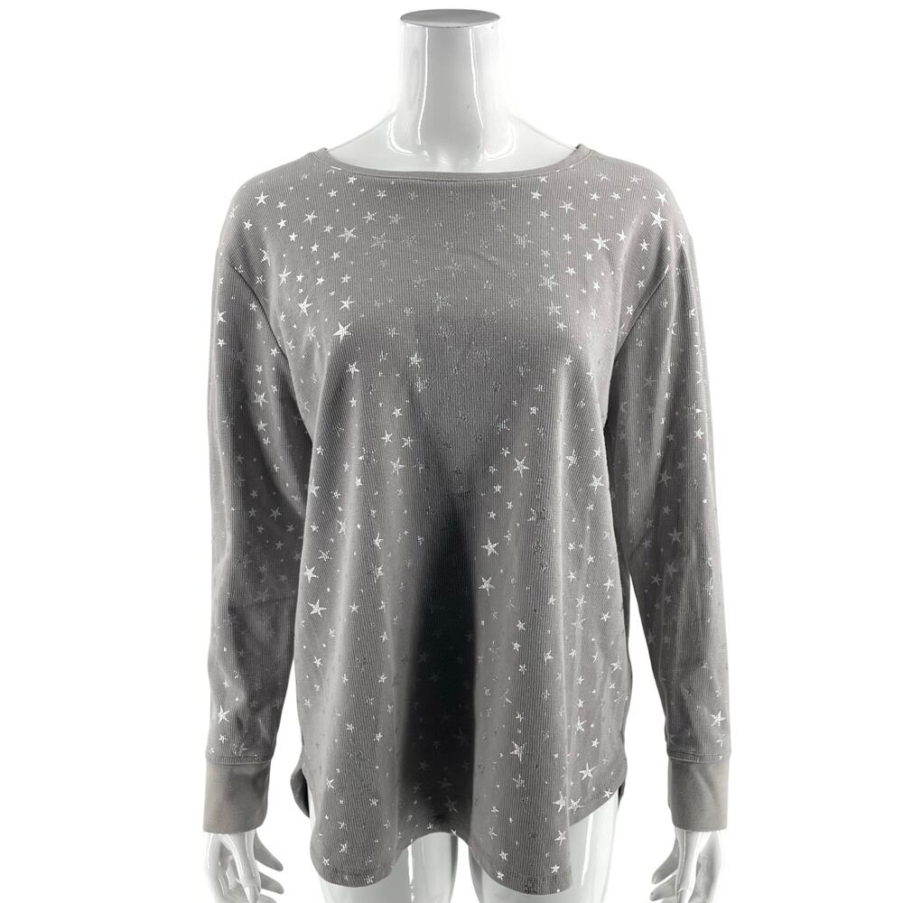 Jane Delancey Womens Top Sz Large Gray Silver Star Print Long Sleeve Waffle Knit